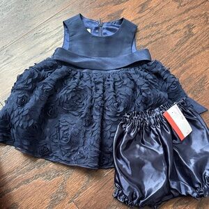 Cinderella Navy Floral Rosette Formal Dress with Satin Bloomers